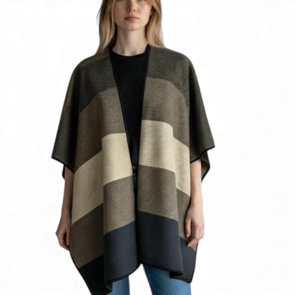 Ikebehar Soft Open-Front Poncho Wrap – Neutral Block Pattern –‎ One Size